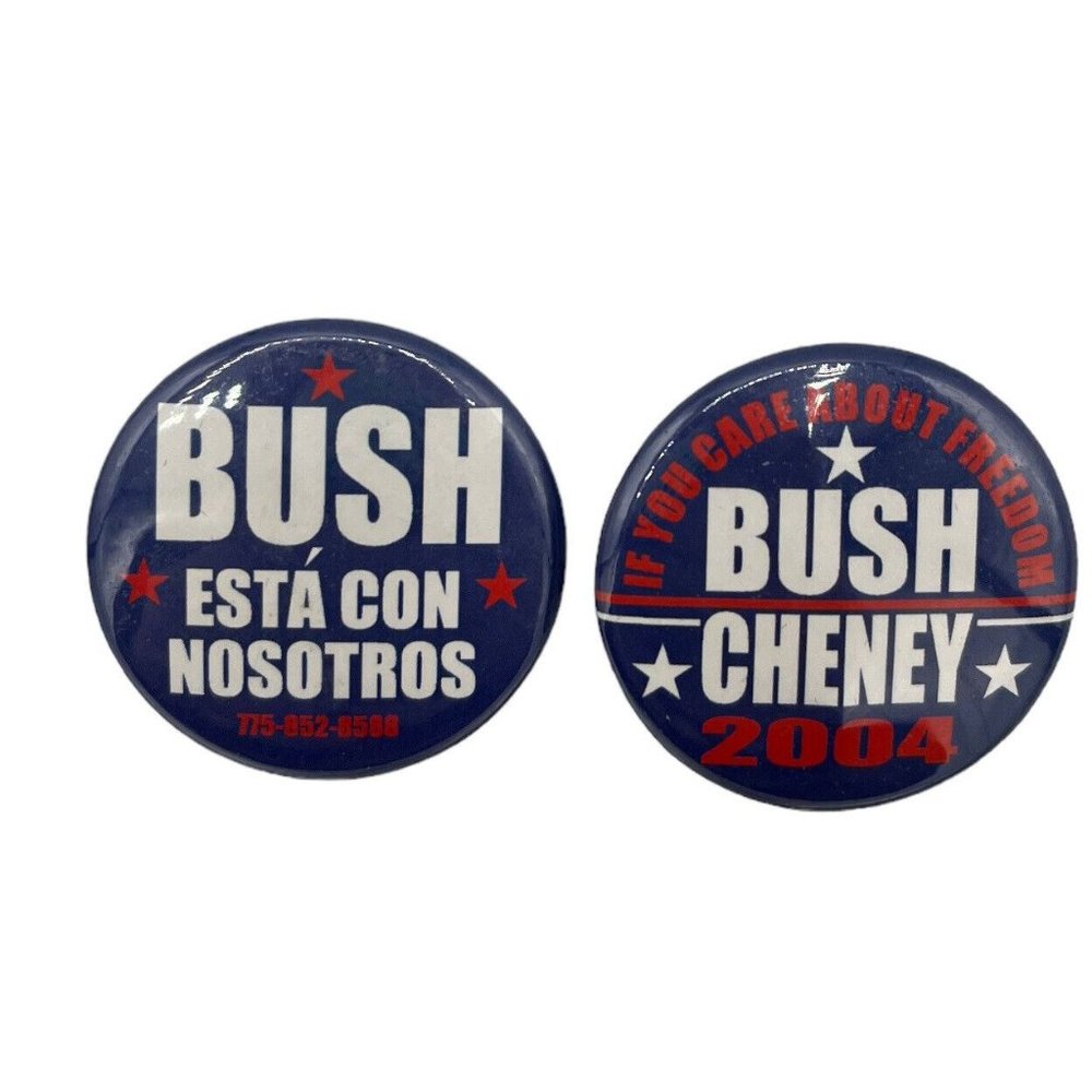 2 Pins Bush Cheney Patriotic & Bush Esta Con Nosotros President Campaign Buttons